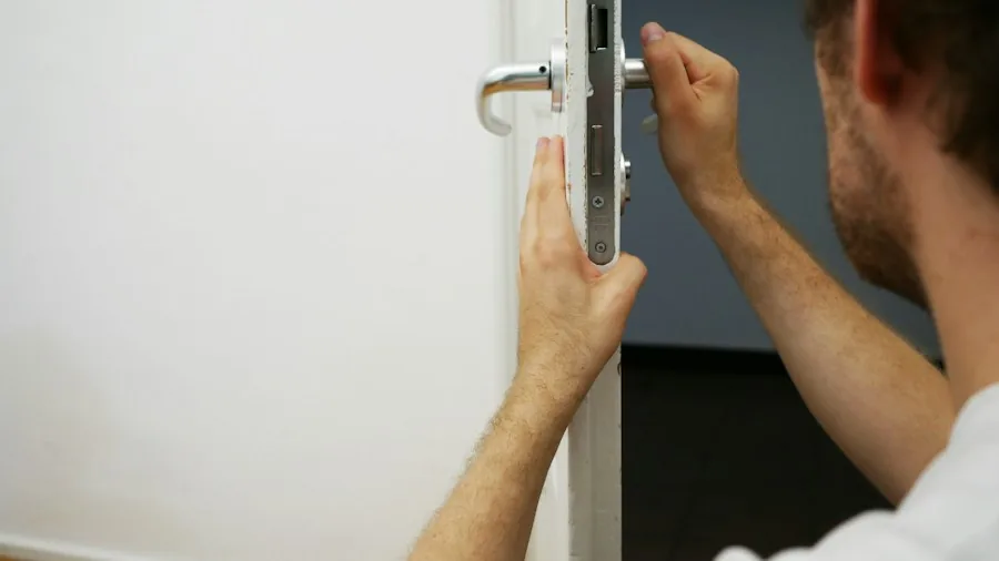 person using fingerprint reader door lock