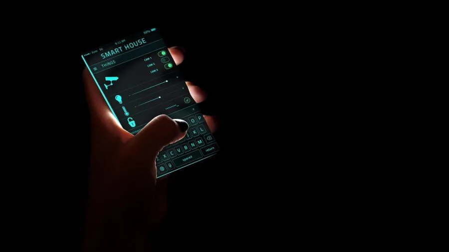 Person using smartphone to control home automation and smart devices in modern living room