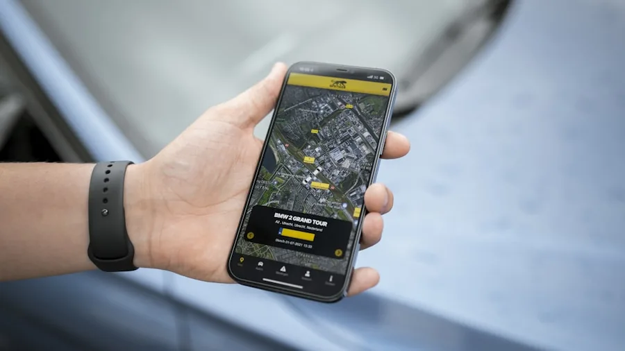 Person using smartphone to track device location in urban environment