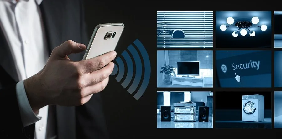 Person using voice assistant to control smart home devices in modern living room