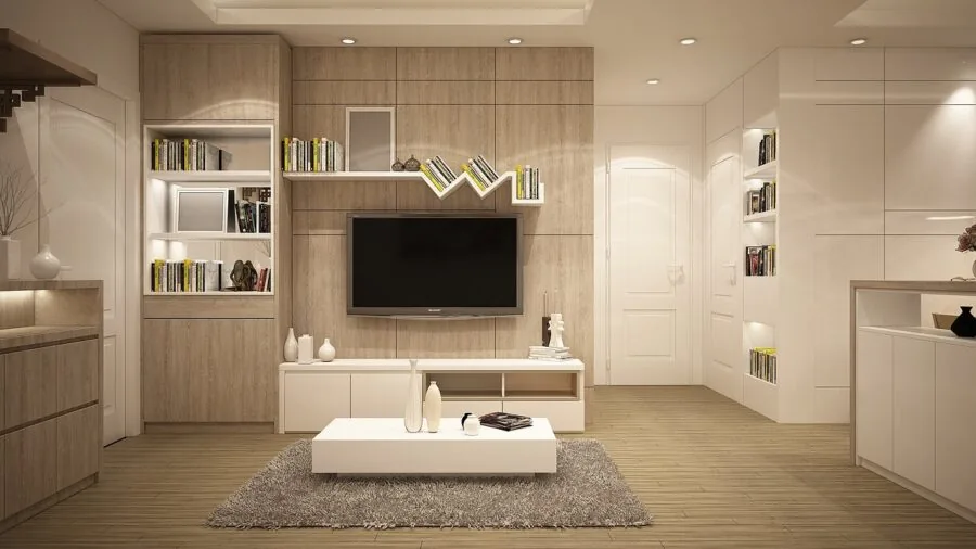 Person using voice command in modern living room with smart home devices