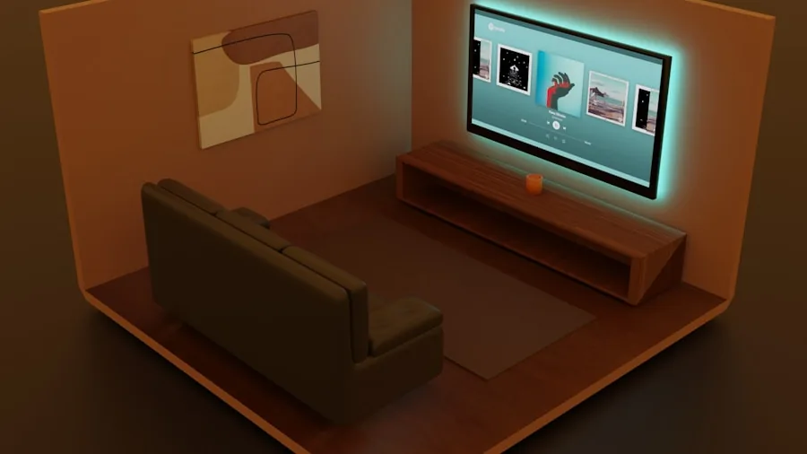Person watching TV in a modern living room with warm screen light reflecting in the evening