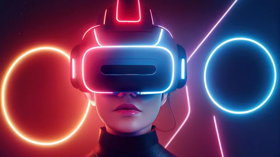 Person wearing VR headset playing immersive game in home environment