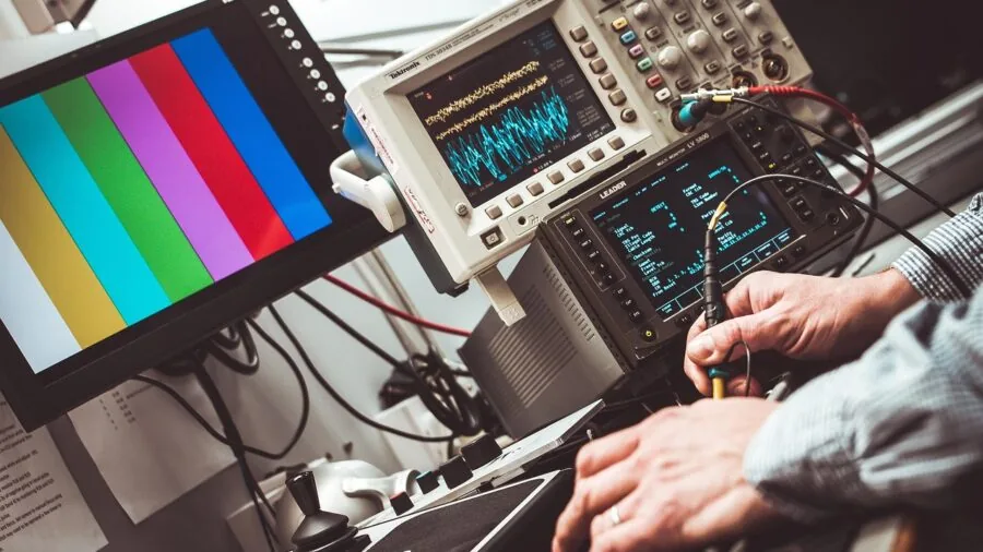 Person working at desk with multiple computer monitors connected to laptop via docking cables