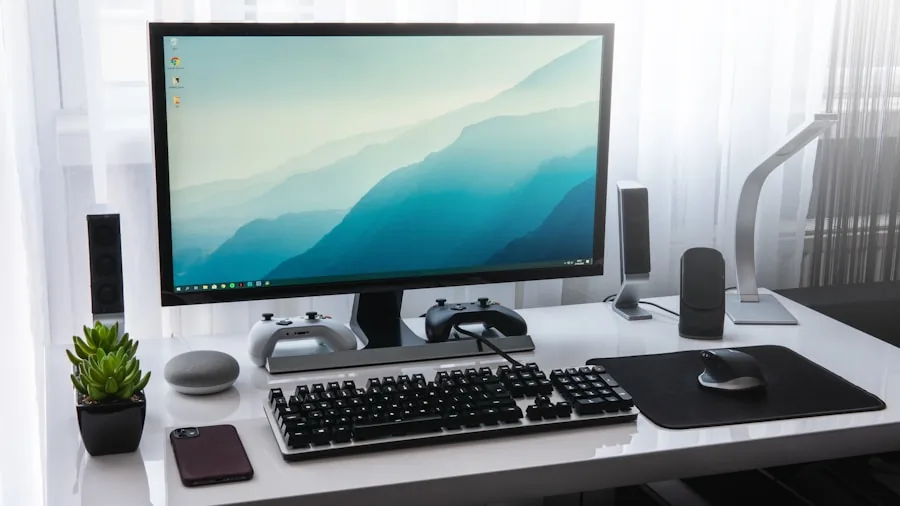 Person working peacefully at desk with computer in calm home office environment
