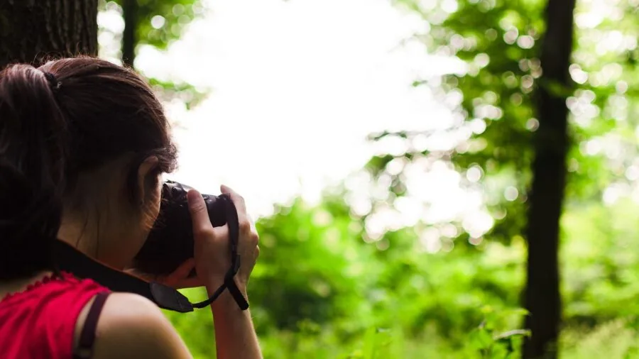 Photographer examining camera lens in natural outdoor setting