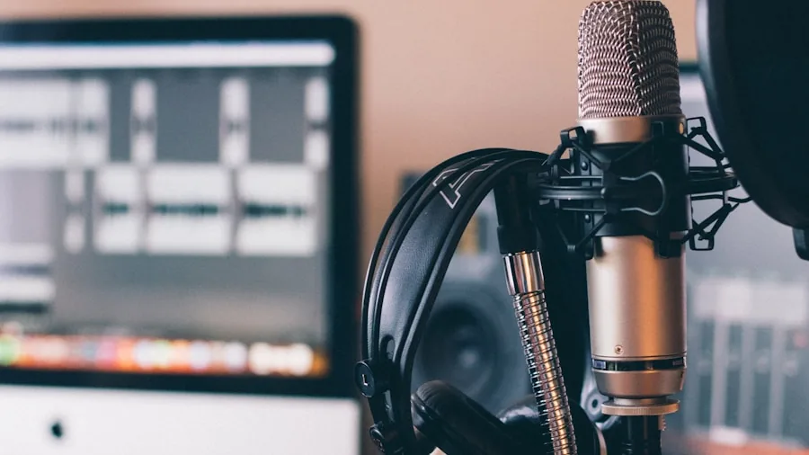Professional home studio setup with microphone and recording equipment for content creation