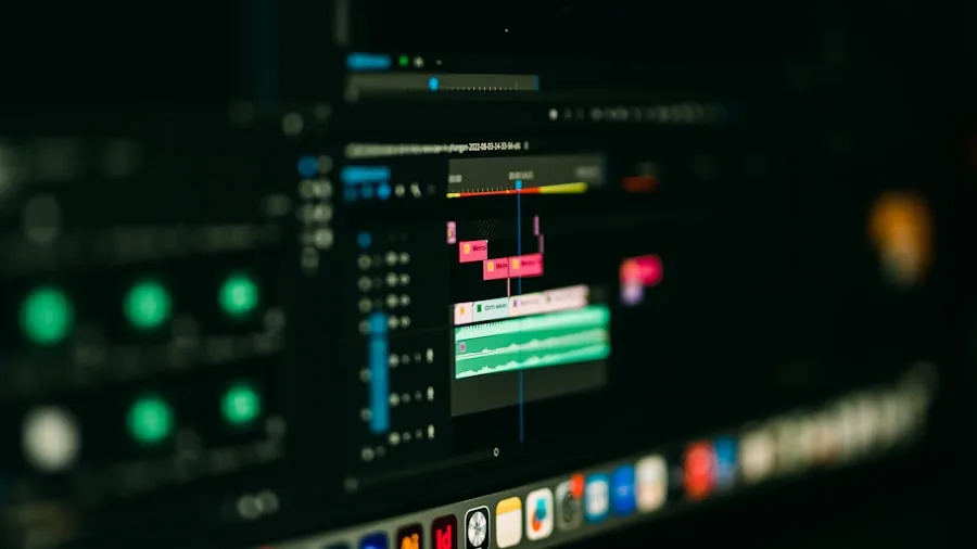 Professional video editor working at desk with multiple monitors displaying footage and editing software