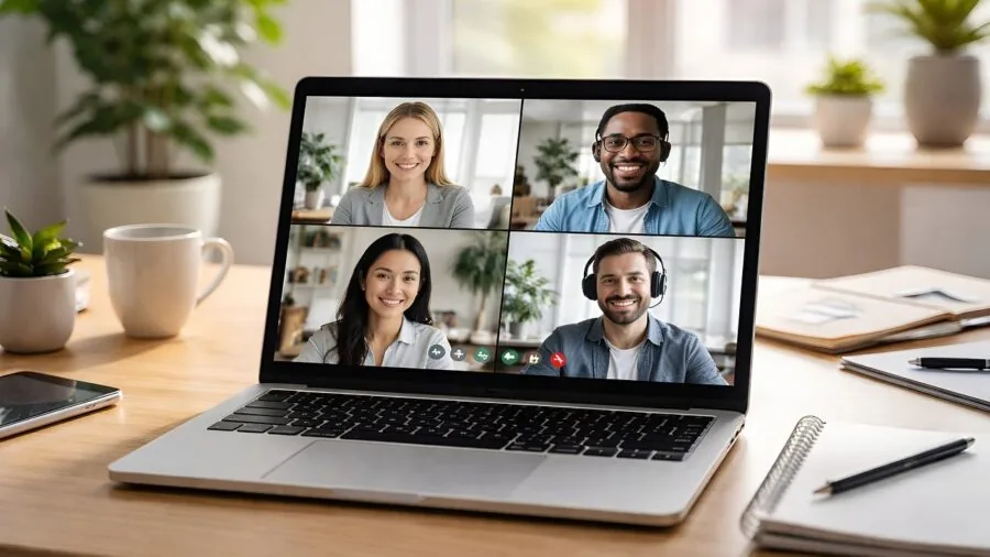 Professional working from home on video call with laptop and headset