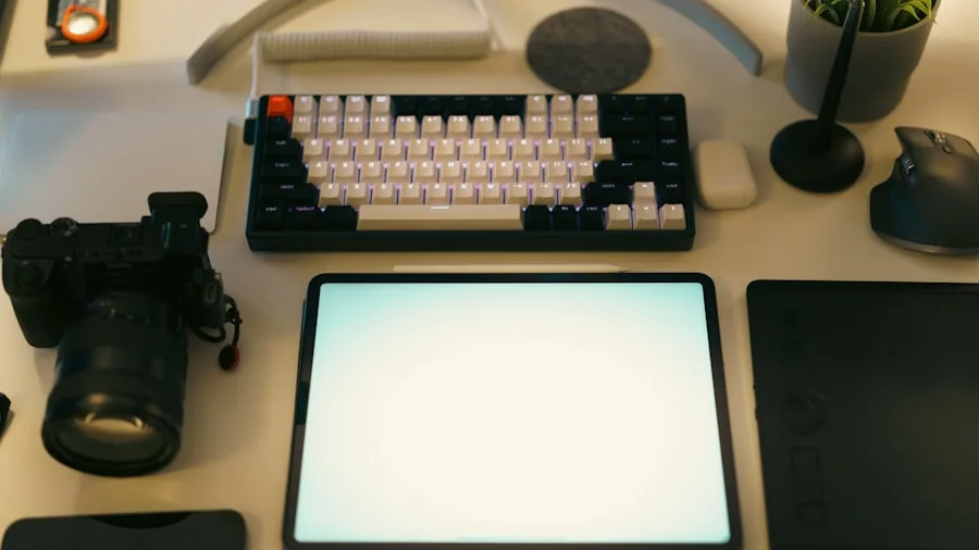 Professional workspace with tablet and keyboard setup for productivity and digital work