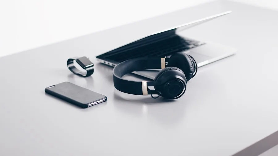 smartphone and earbuds desk setup