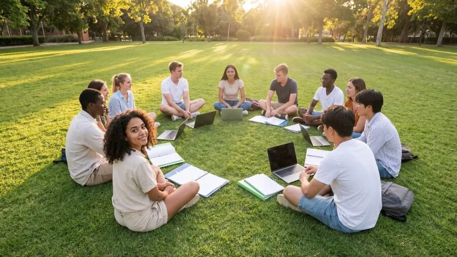 Student taking notes while studying with laptop on campus outdoor setting
