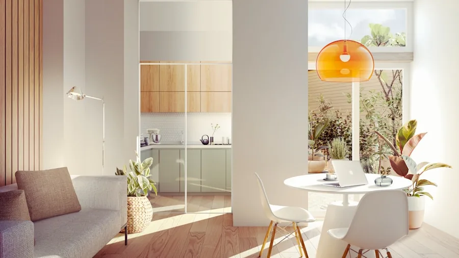 Sunlit modern living room with natural light streaming through windows during daytime