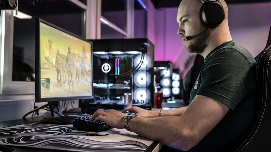 Team of gamers wearing headsets during competitive gaming session with focus on communication and teamwork