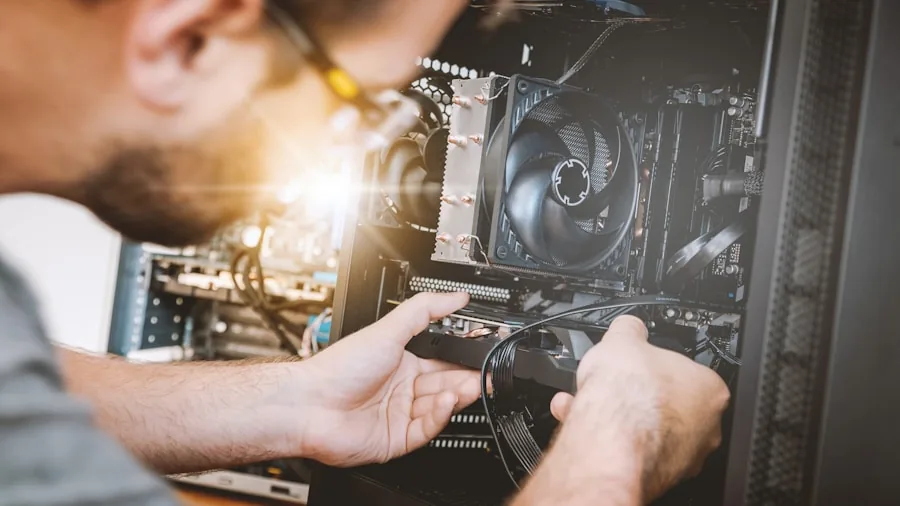 technician installing internal component carefully