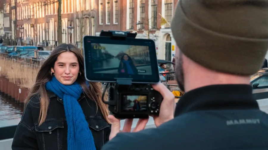 travel vlogger recording video outdoors